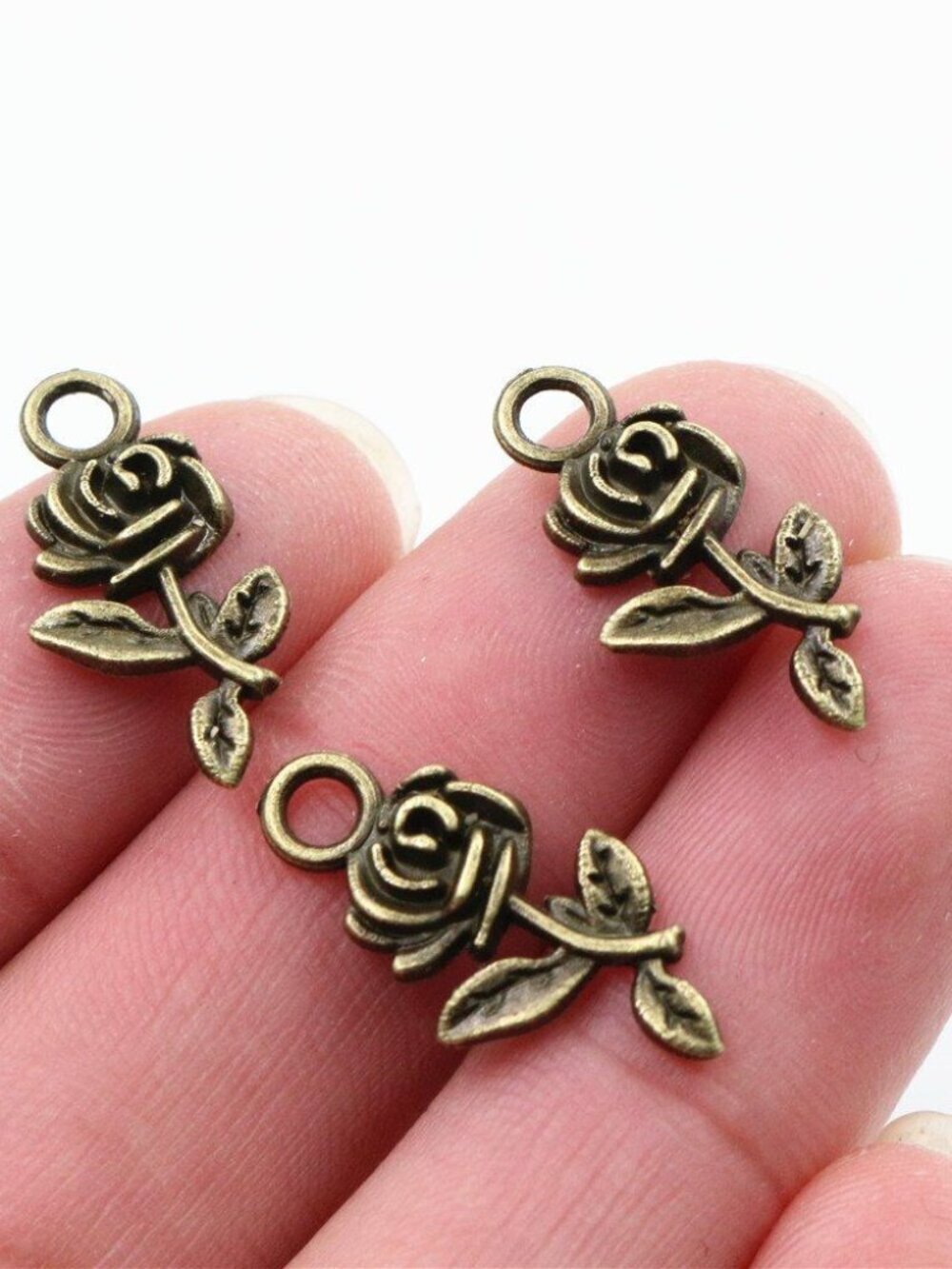 Victorian Style Bronze Rose Flower Charms with Stems and Leaves 10 pcs